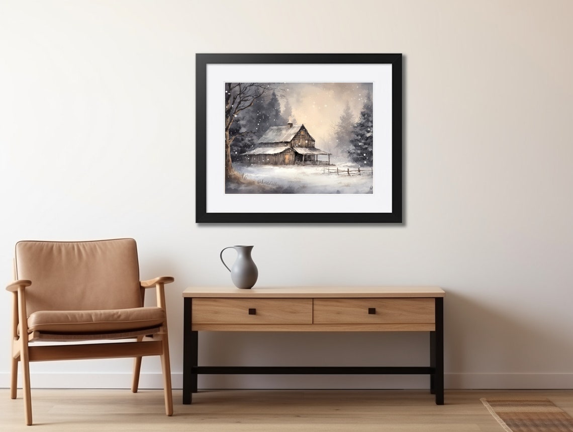 Rustic Wooden Barn in Falling Snow at Dusk Moody Winter Cabin Poster - Image 2