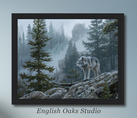 Rustic Wolf Painting Vintage Wolf Moody Alpine Print Mountain Landscape Wolf Cabin Decor 02