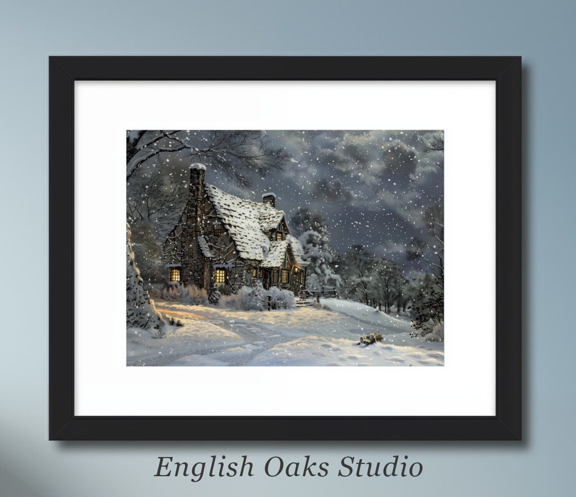 Moody Winter Cabin At Night With Glowing Windows Snowfall Poster