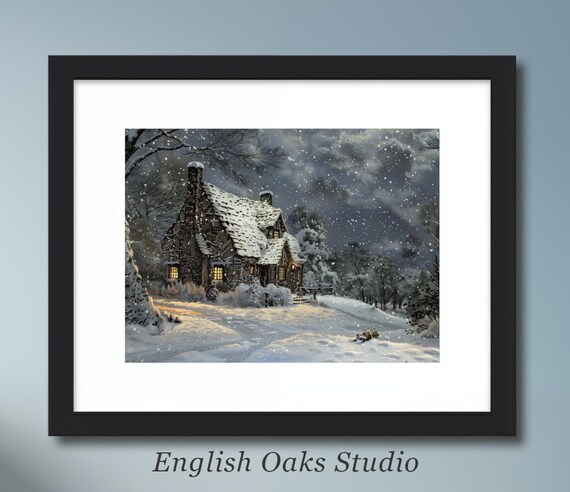Moody Winter Cabin At Night With Glowing Windows Snowfall Poster