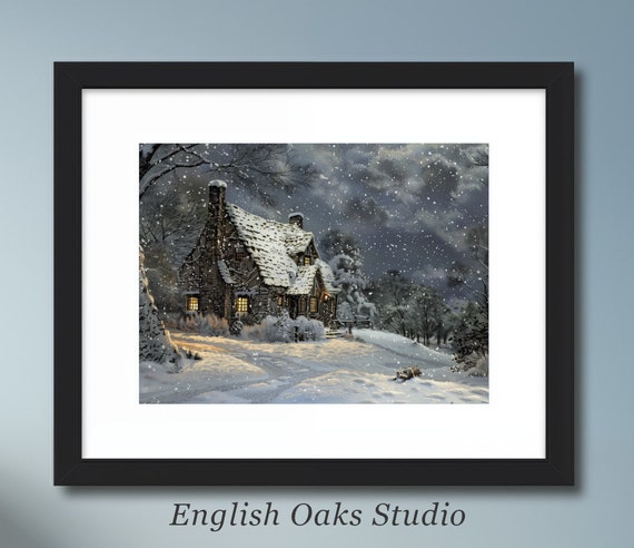 Moody Winter Cabin Landscape Print Cabin In Winter Dark Landscape Wall Art