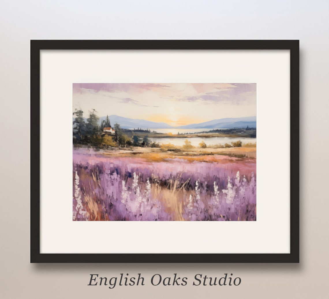 Spring Lavender Field with Lake and Mountains Oil Painting Poster