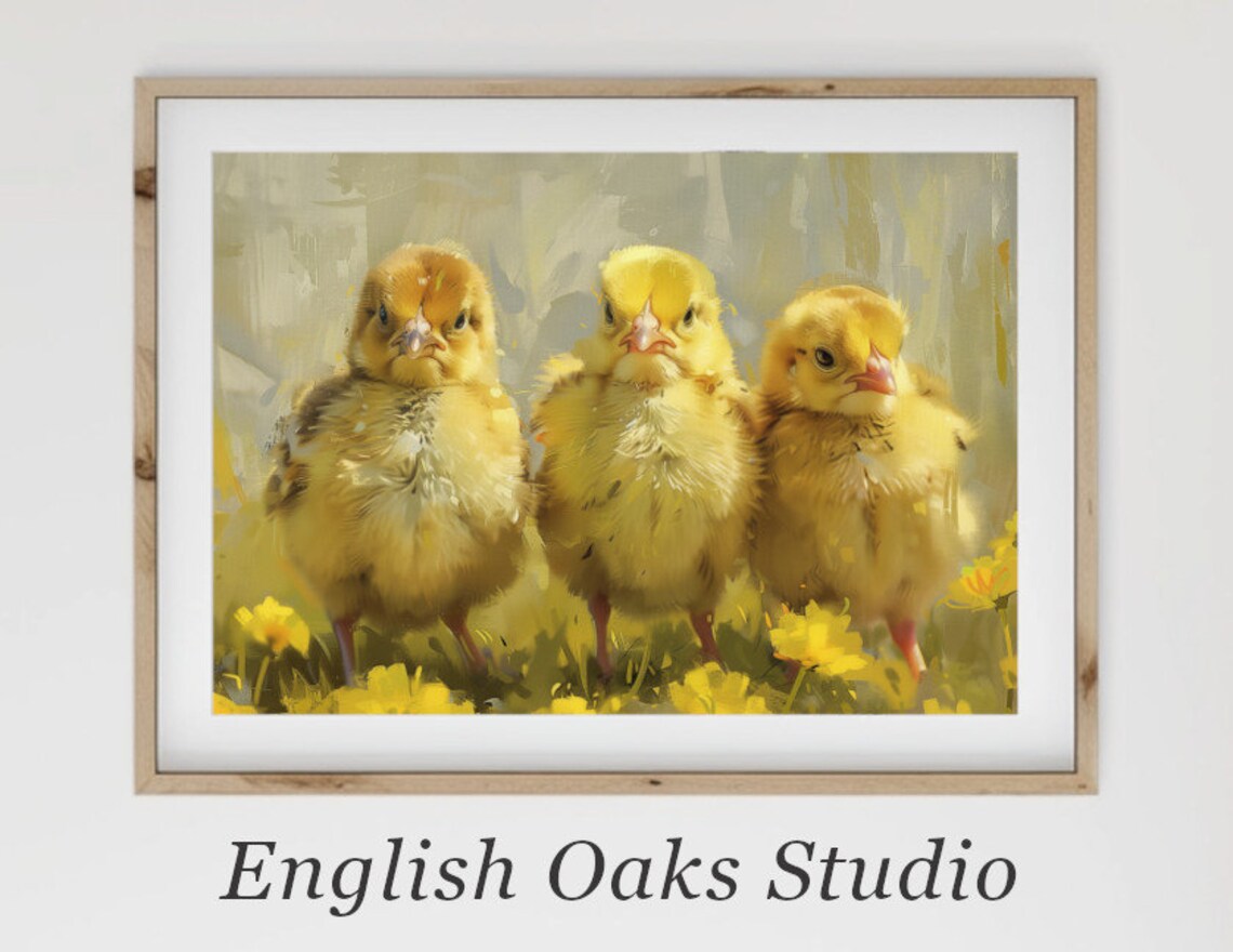 Three Fluffy Yellow Chicks Among Spring Flowers Cute Baby Bird Poster