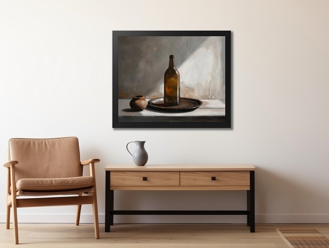 Amber Glass Bottle Tray Clay Pot Still Life Dramatic Light Painting Poster - Image 2