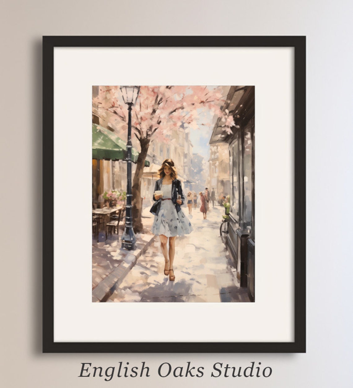 Romantic Cherry Blossom Street Stroll Spring Oil Painting Poster