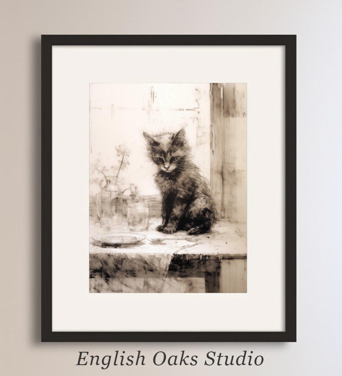 Sepia Toned Kitten Sitting on Table by Window Vintage Sketch Poster