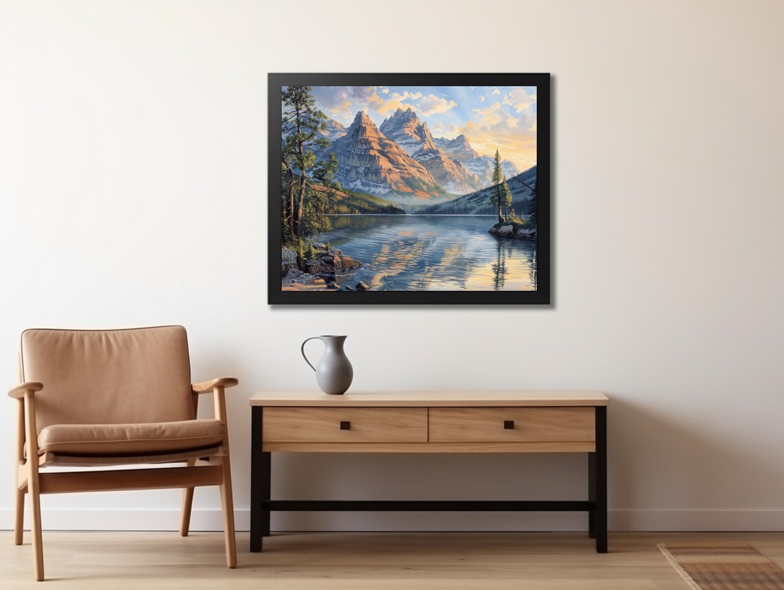 Golden Hour Alpine Mountain Lake Sunset Reflection Nature Landscape Poster - Image 2