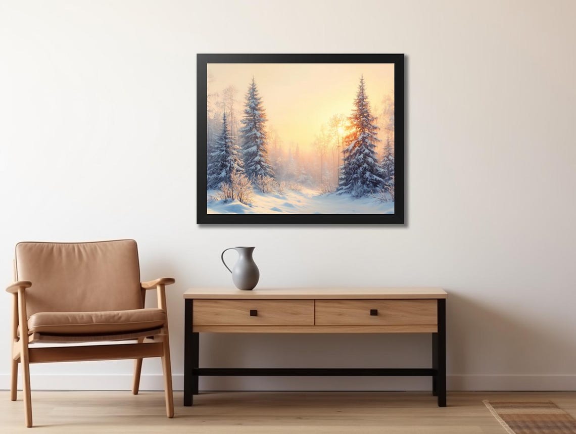 Golden Sunrise Over Snowy Pine Forest Winter Wonderland Poster - Image 2