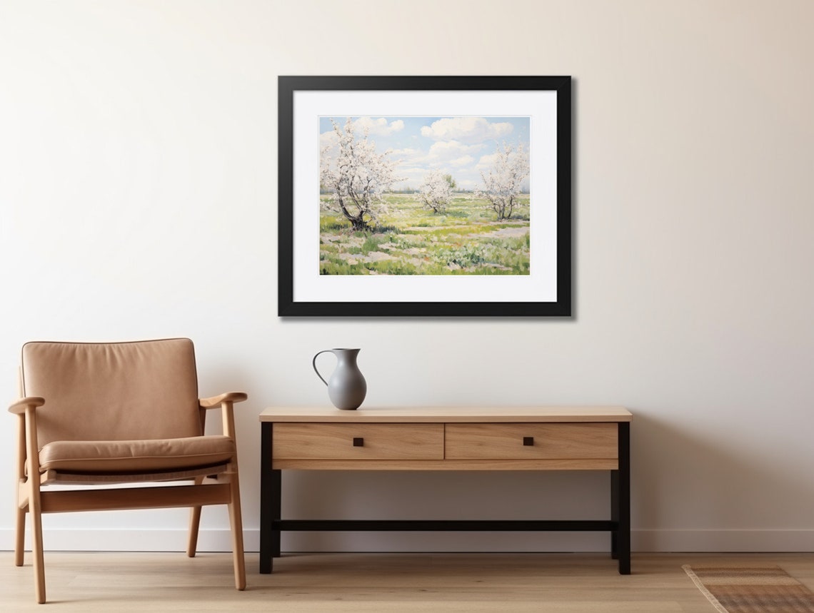 Blooming White Trees in Spring Meadow Fresh Pastel Orchard Poster - Image 2