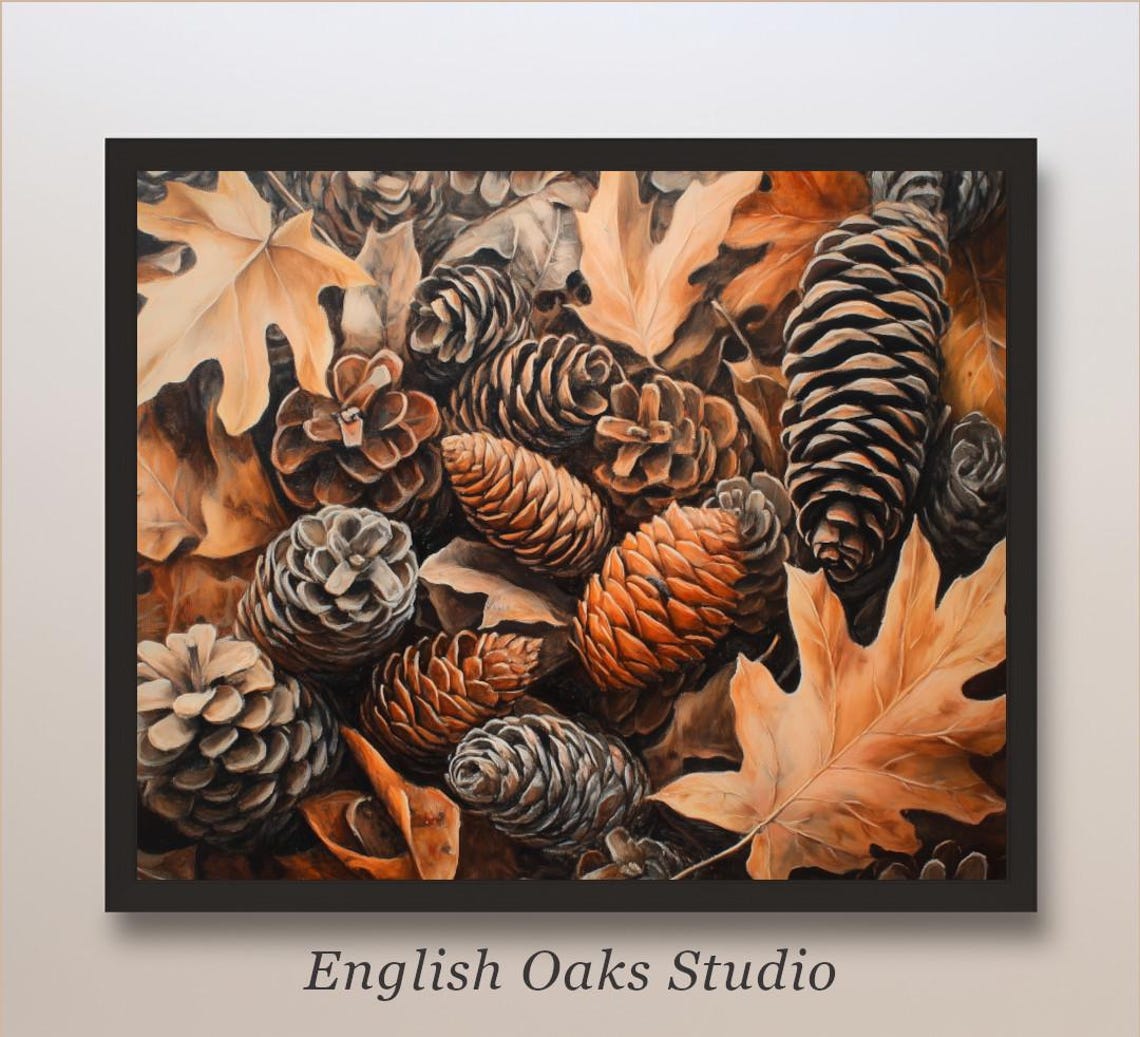 Rustic Pinecones and Golden Autumn Leaves Warm Fall Still Life Poster