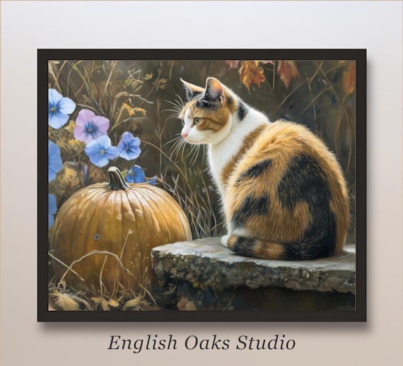 Calico Cat Sitting by Pumpkin with Morning Glories Autumn Animal Art Poster