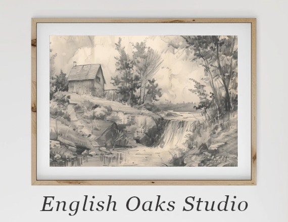 Rustic Neutral Cabin In The Forest Path Landscape Sketch Wall Art Vintage Cabin Landscape Decor Wall Art 01