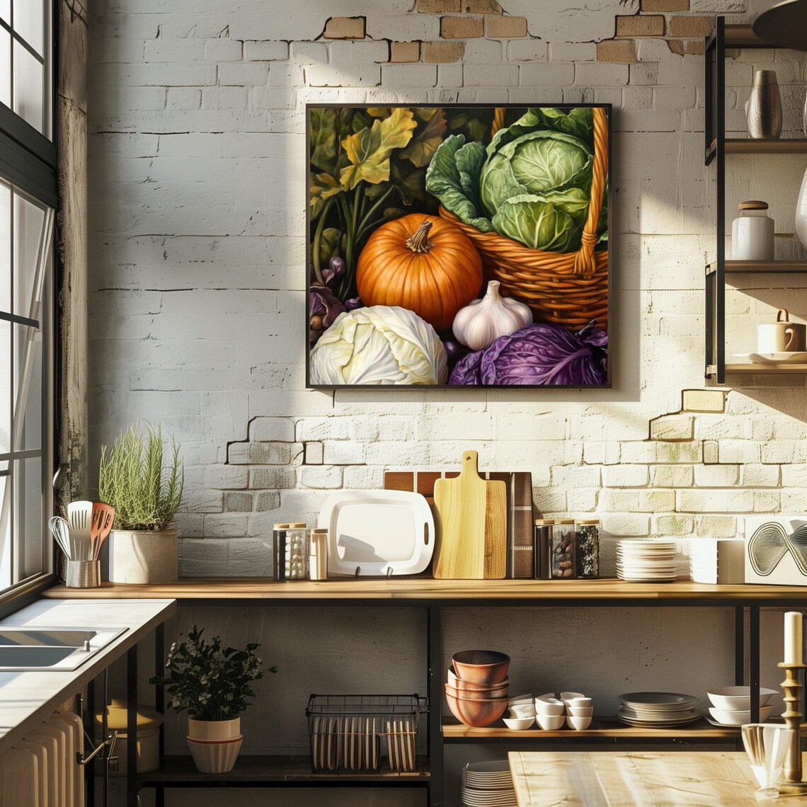 Pumpkin Cabbage Garlic and Red Cabbage Rustic Kitchen Harvest Still Life Poster - Image 2
