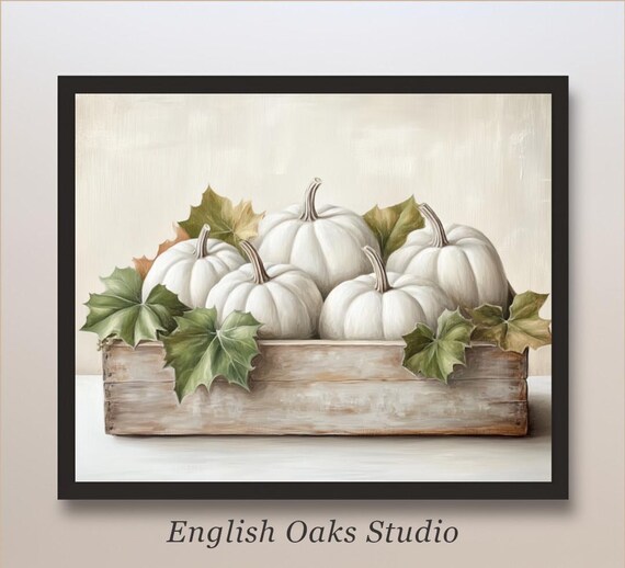 White Pumpkins in Weathered Wooden Box with Green Leaves Fall Still Life Poster