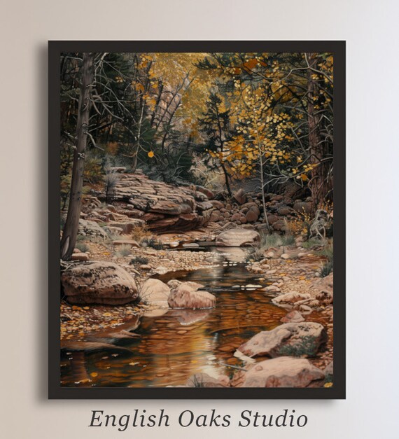 Autumn Forest Stream Rocky Creek Golden Foliage Moody Fall Landscape Poster