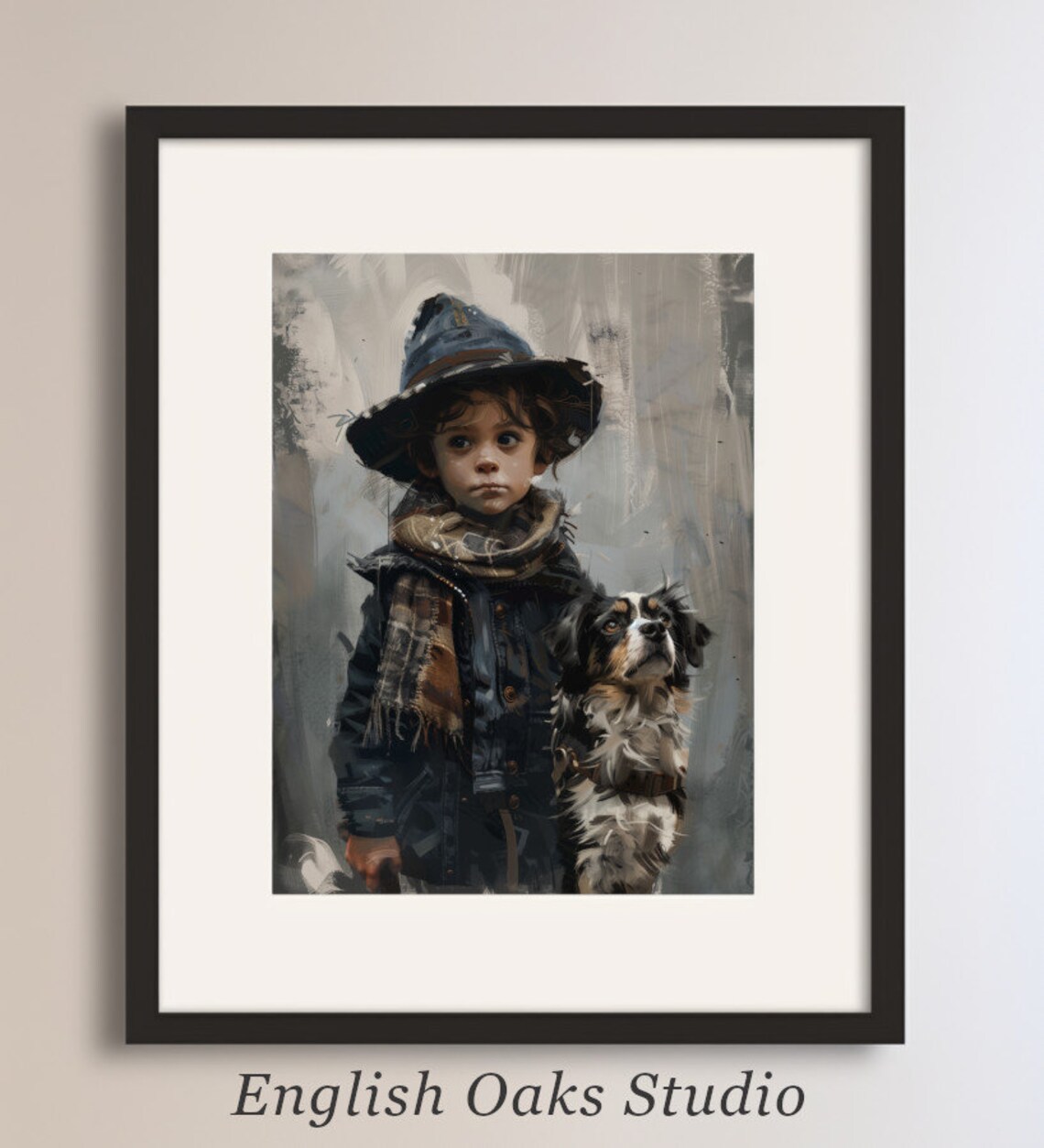 Boy in Hat with Small Dog Moody Vintage Portrait Painting Wall Art