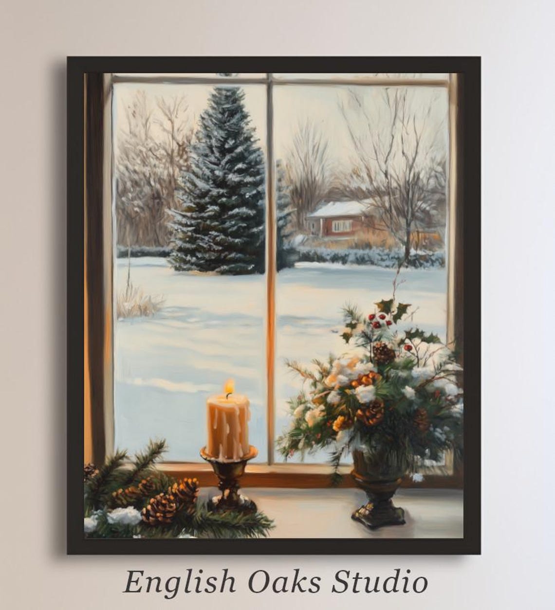 Snowy View Through Window With Lit Candle Winter Scene Poster
