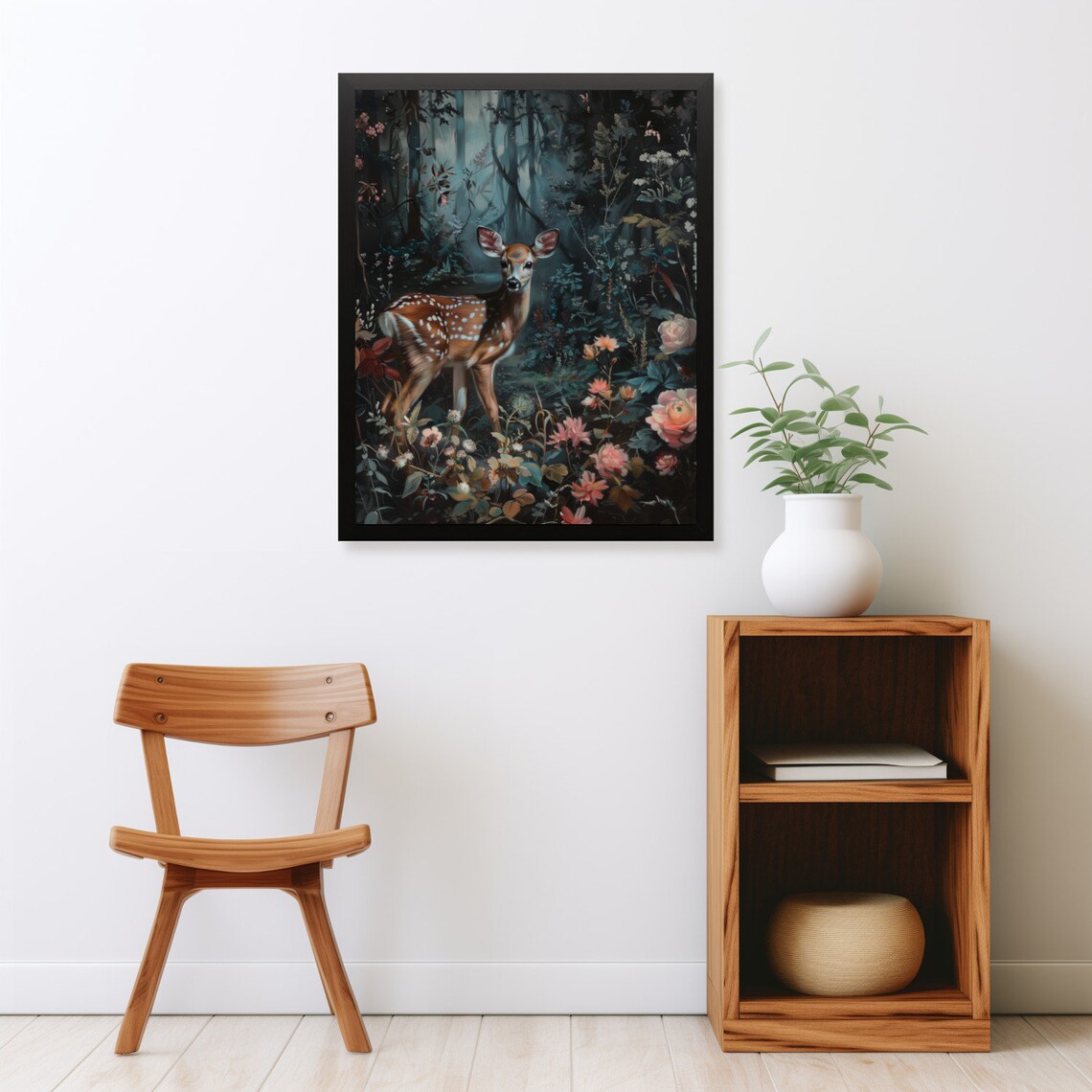 Spotted Fawn In Dark Forest Moody Vintage Cottagecore Deer Painting Poster - Image 2