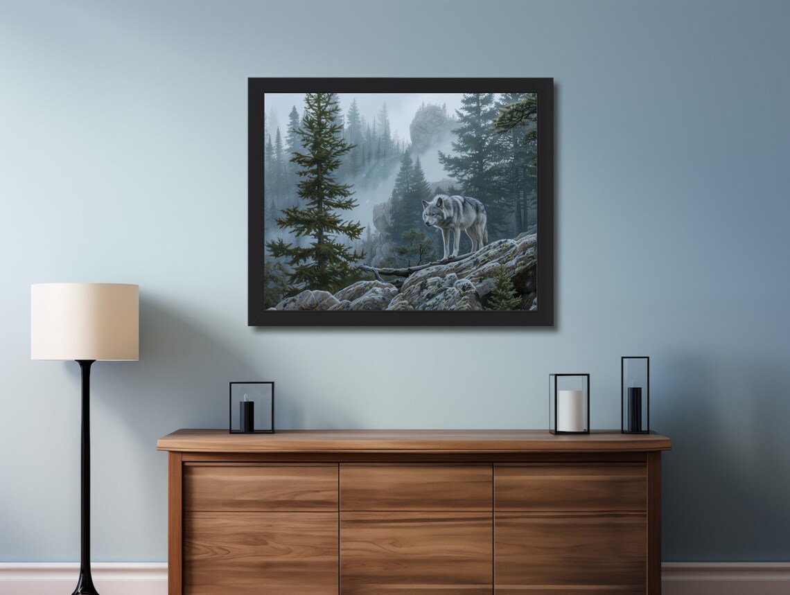 Lone Gray Wolf Misty Pine Forest Rocky Wildlife Moody Painting Poster - Image 2