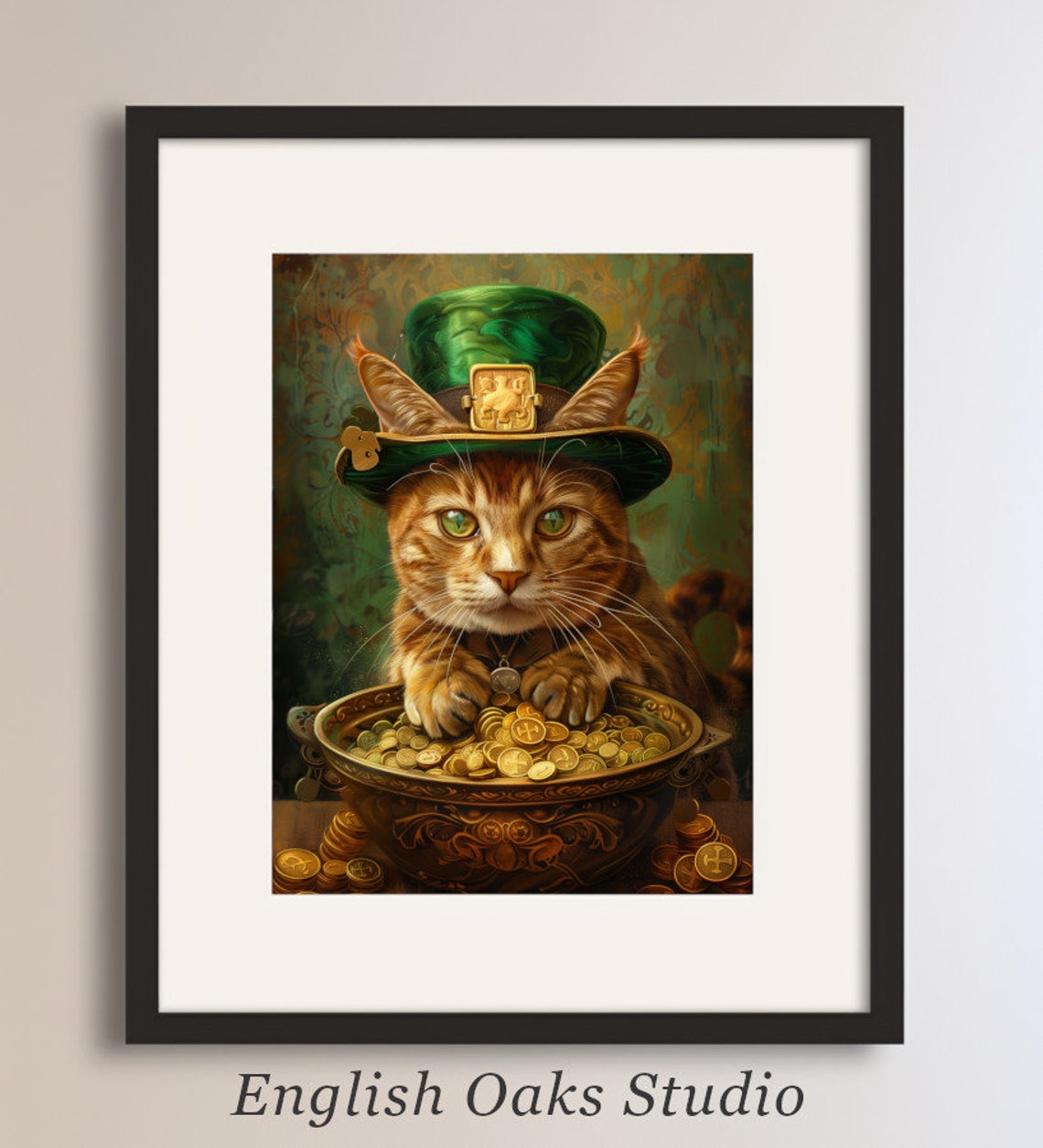 Orange Tabby Cat with Gold Coins Leprechaun Hat St Patricks Wall Art