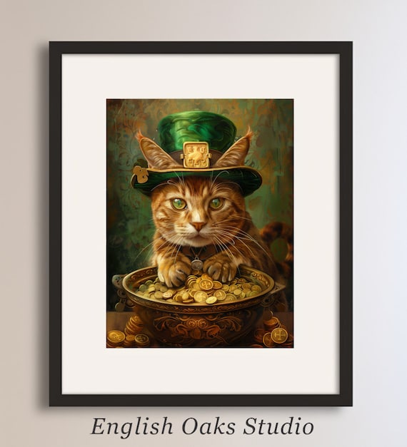 Orange Tabby Cat with Gold Coins Leprechaun Hat St Patricks Wall Art