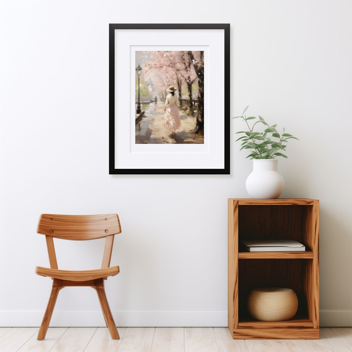 Romantic Oil Painting Of A Woman On The Street Under Cherry Trees Woman Walking In The Park Wall Art - Image 2