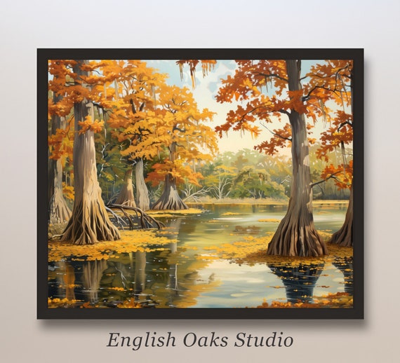 Fall Bayou Southern Swamp Print Louisiana Wetlands Cypress Forest Painting 01