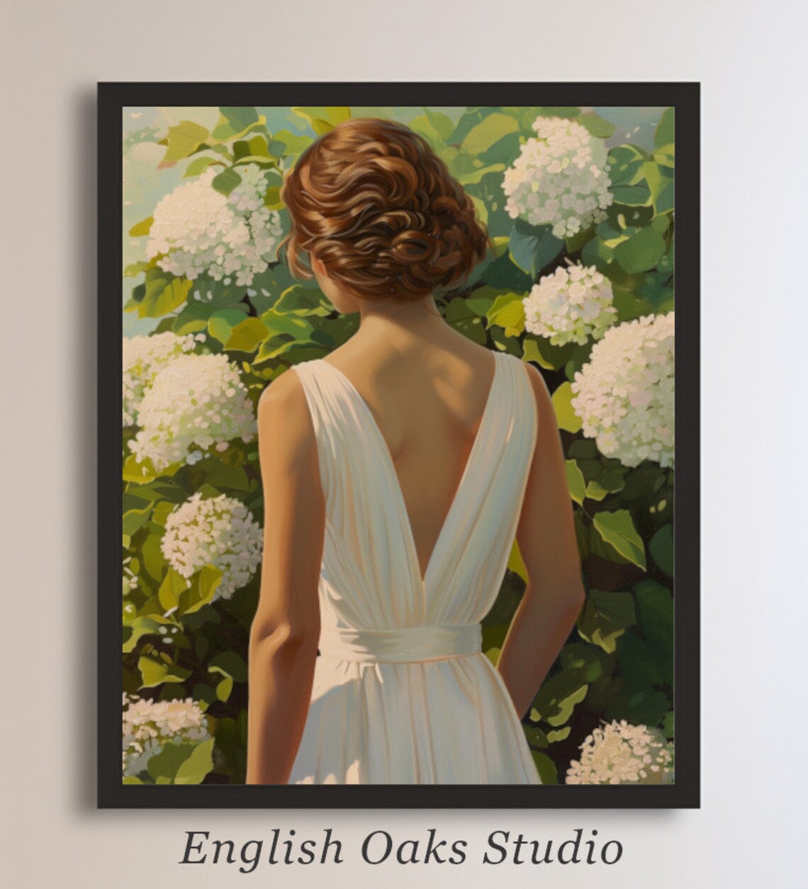 Woman In White Dress Among Hydrangeas Vintage Garden Painting Poster