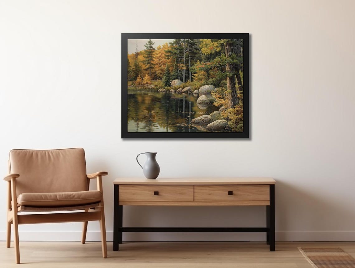 Calm Autumn Pine Forest And Rocky Lake Shore Reflections Poster - Image 2