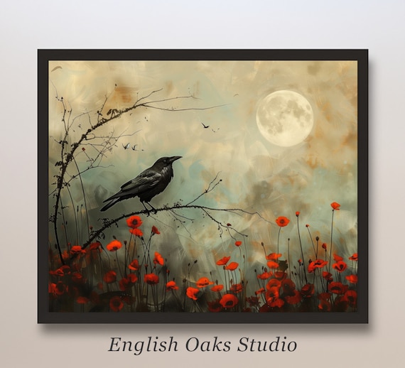 Black Raven Perched Among Red Poppies Full Moon Night Painting Poster
