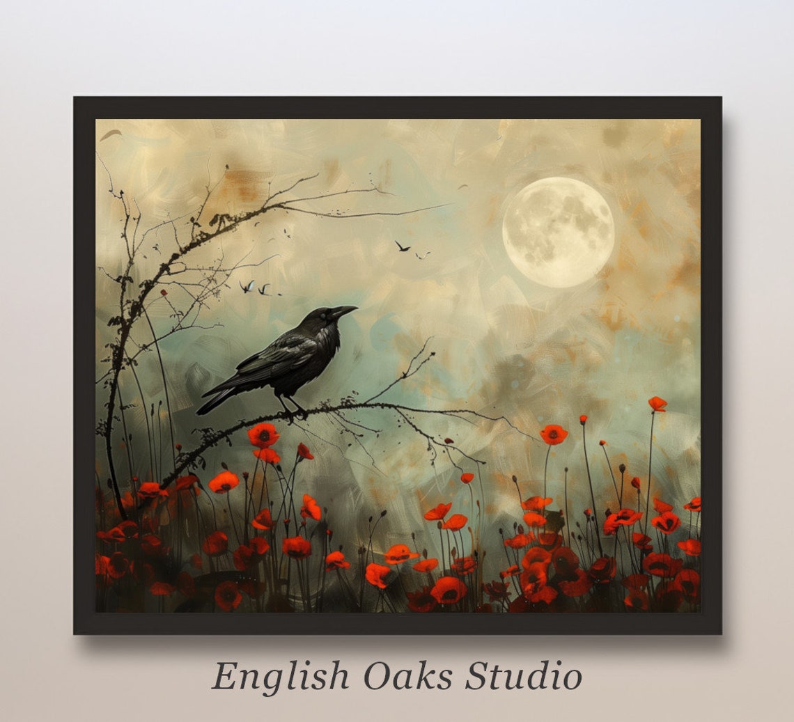 Black Raven Perched Among Red Poppies Full Moon Night Painting Poster