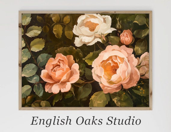 Vintage Rose Wall Art Muted Salmon Botanical Print Rose Garden Painting Vintage Moody Floral Art