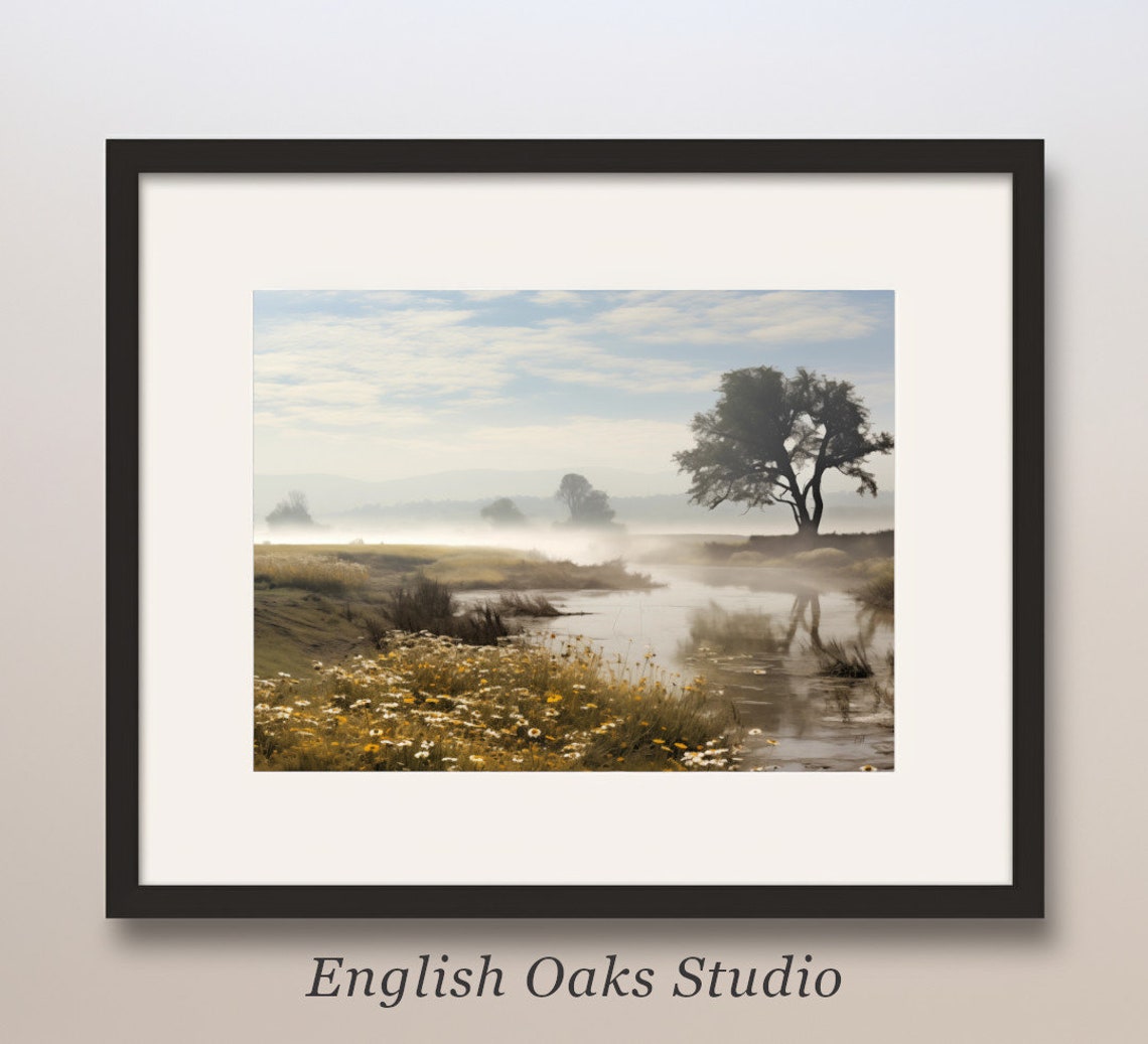 Misty Morning Marsh With Lone Tree and Wildflowers Art Poster