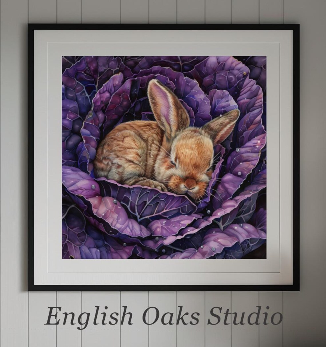 Baby Bunny on Cabbage Leaves, Vintage Gothic Art Print - Image 2
