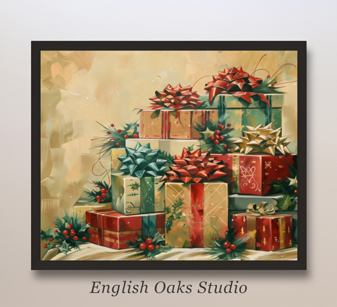 Stack of Christmas Gifts Painting Wrapped Presents Holiday Poster