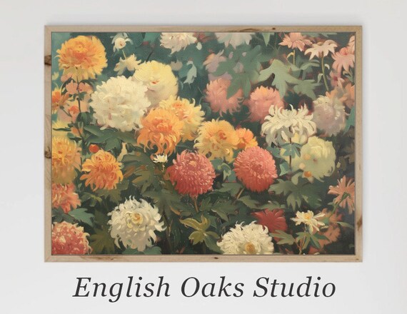 Vibrant Chrysanthemum Painting Orange White Blooms Floral Poster