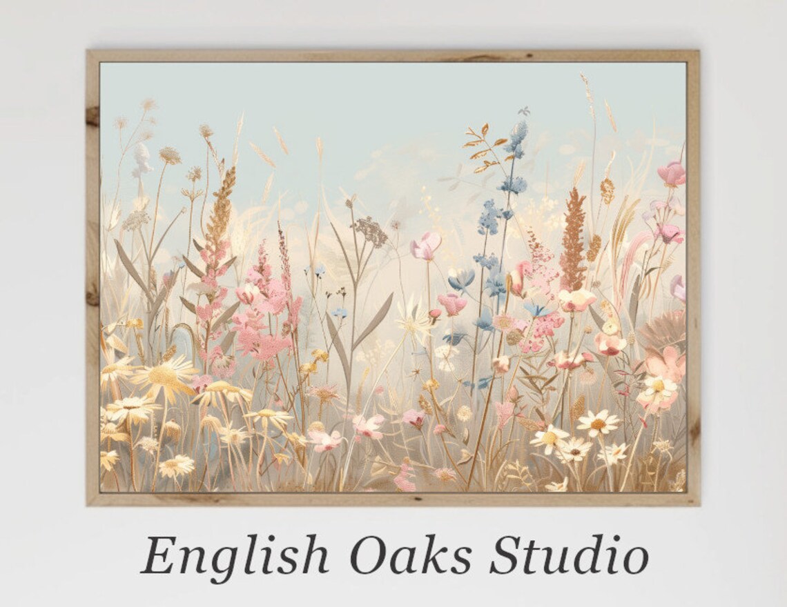 Soft Pastel Wildflowers and Dried Grasses Misty Meadow Poster