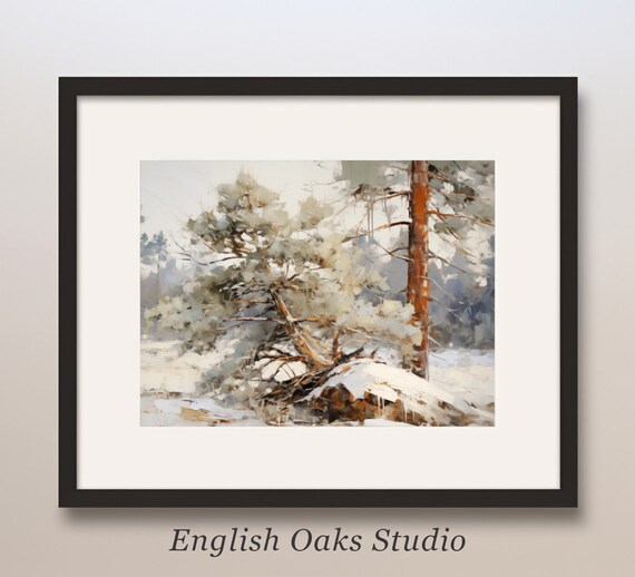 Snowy Pine Tree in a Winter Forest Vintage Oil Painting Poster