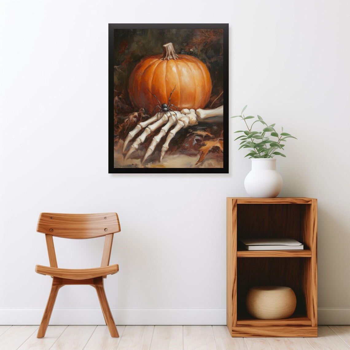 Pumpkin Skeleton Hand Black Spider Autumn Still Life Moody Halloween Poster - Image 2