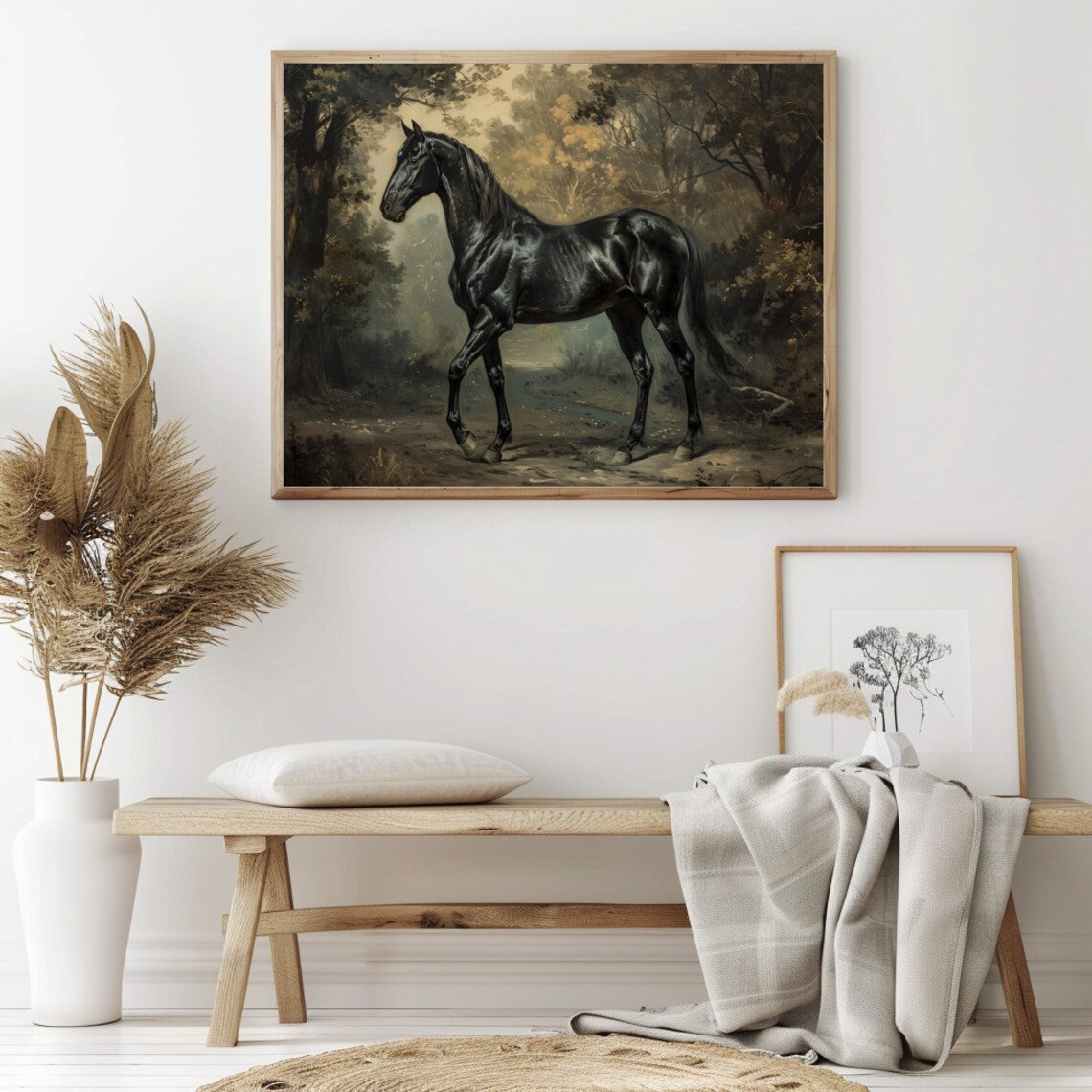 Black Stallion Moody Autumn Forest Antique Equine Oil Painting Poster - Image 2