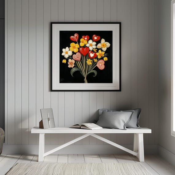 Moody Valentines Day Spring Flowers And Heart Shaped Lolipops Bouquet Painting Romantic Goth Dark Academia Flowers Gift For Her Print