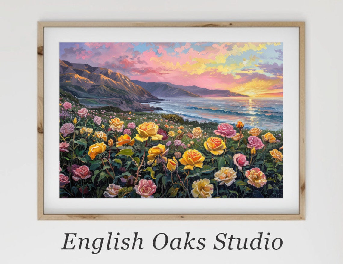 Coastal Sunset Rose Garden Yellow Pink Roses Ocean View Poster