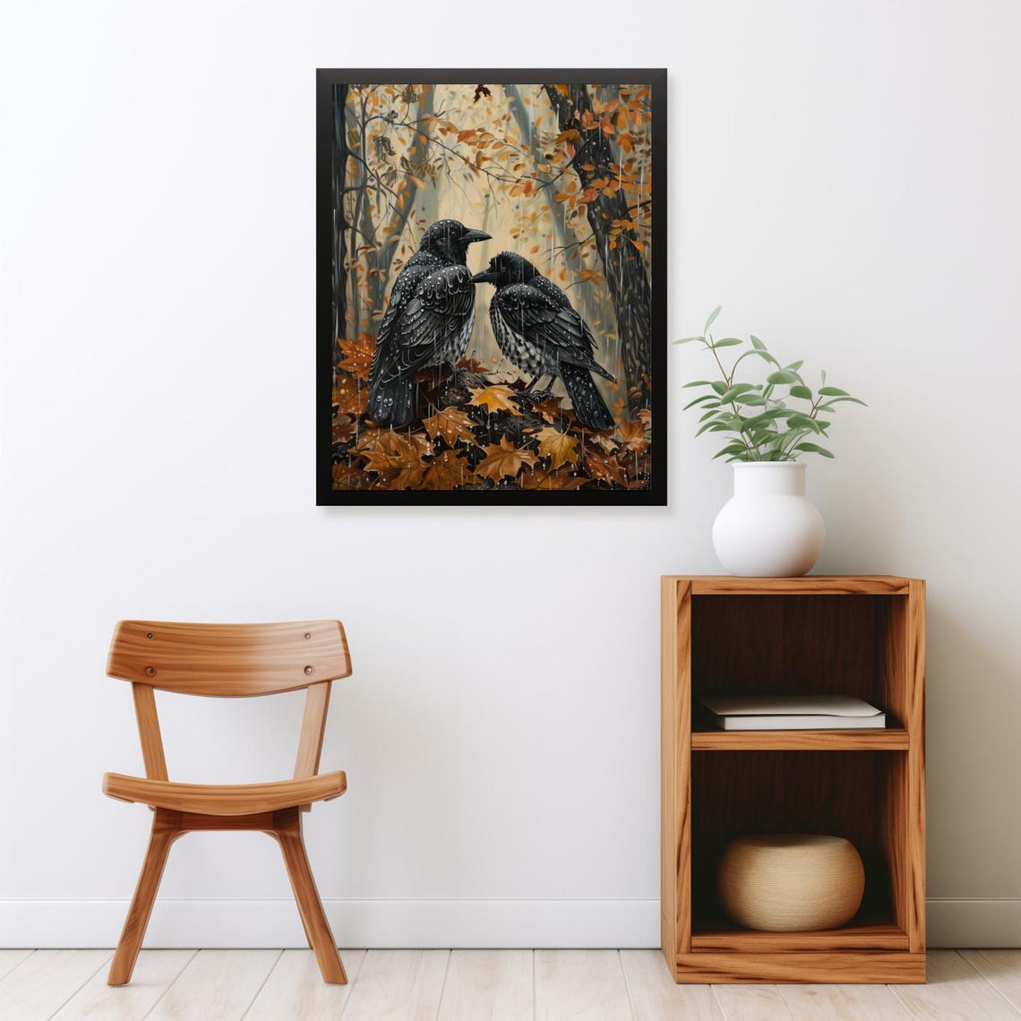 Two Crows in Autumn Rain Maple Leaves Moody Birds Vintage Style Poster - Image 2