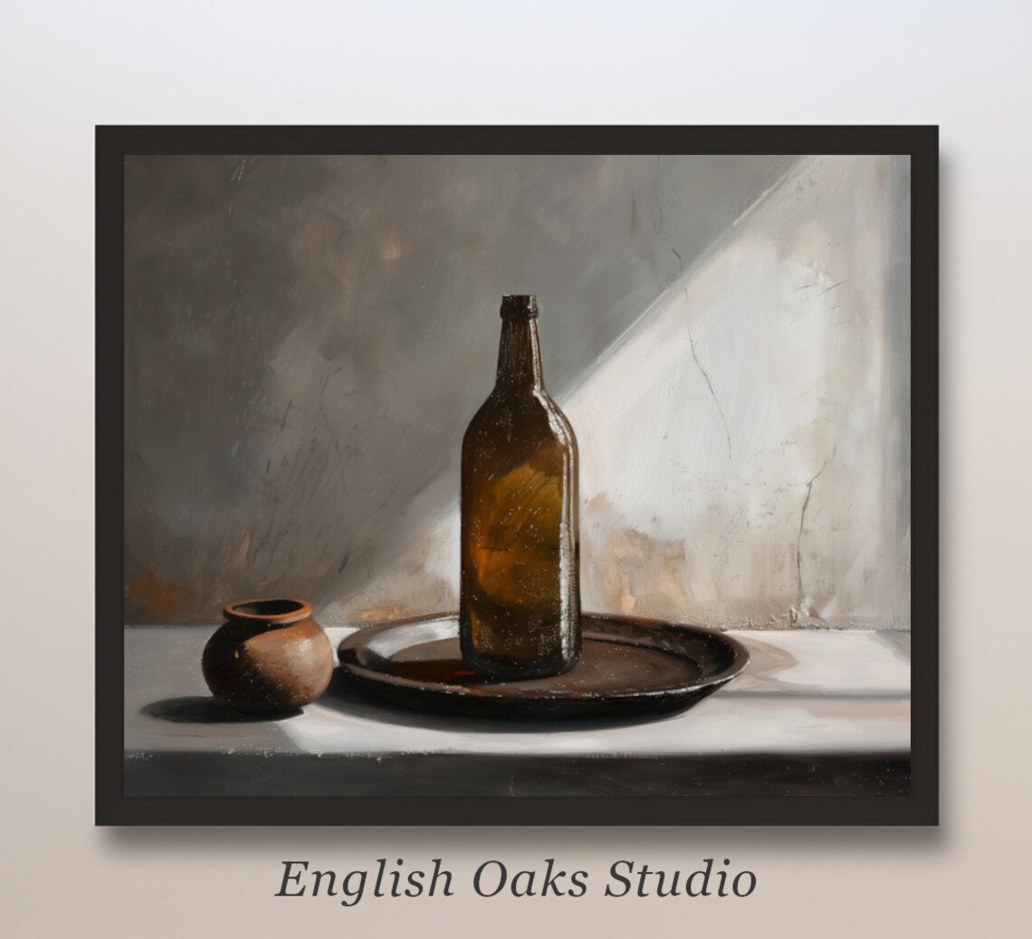 Amber Glass Bottle Tray Clay Pot Still Life Dramatic Light Painting Poster