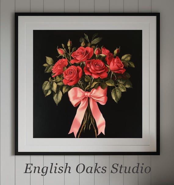 Moody Valentines Day Red Roses Bouquet With Pink Bow Painting Romantic Goth Dark Academia Flower Gift For Her Print
