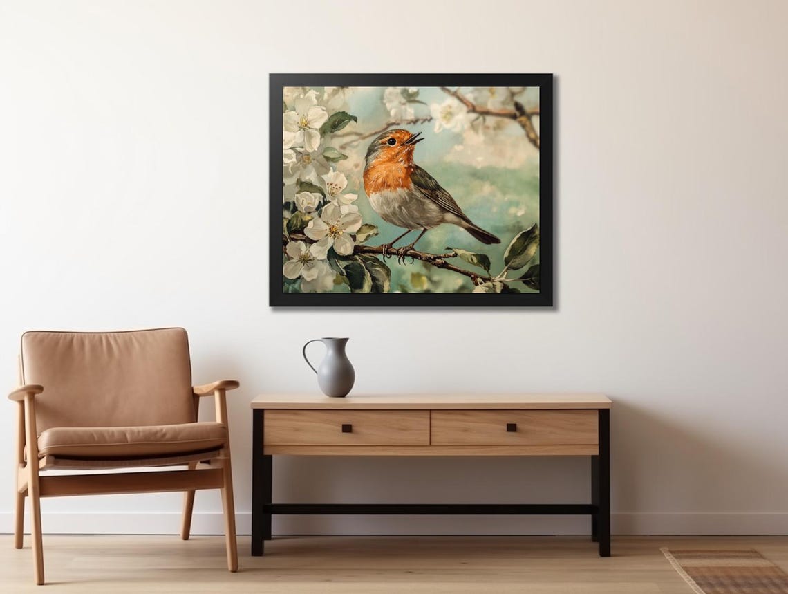European Robin Singing on Blooming Spring Branch Watercolor Poster - Image 2