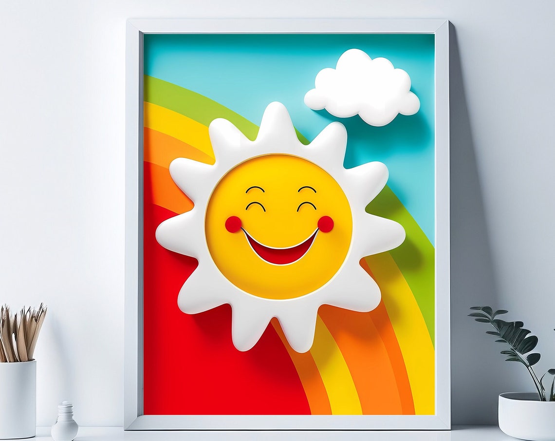 Cheerful Smiling 3D Sun With Rainbow And Cloud Kids Nursery Wall Art