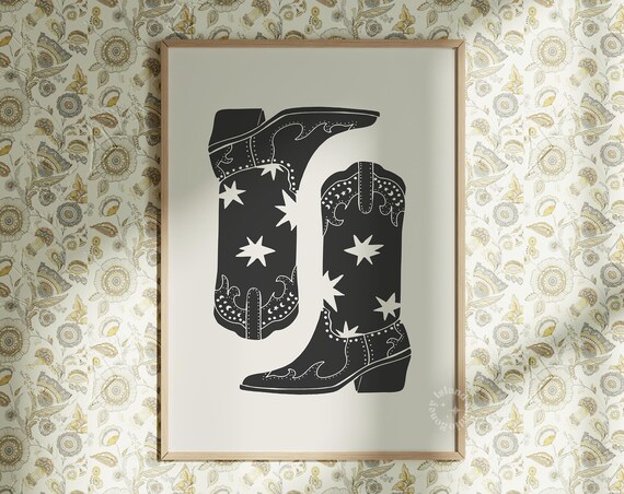 Black Cowboy Boots Stars Minimalist Western Illustration Poster