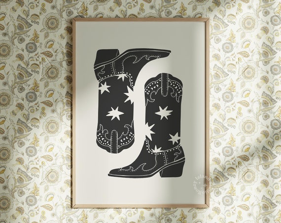 Cowgirl Boots Art Print Vintage Western Minimalist Southern Wall Poster Cute Apartment Decor Unframed