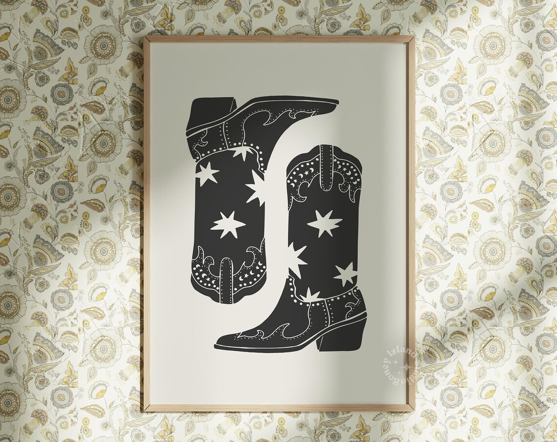Black Cowboy Boots Stars Minimalist Western Illustration Poster
